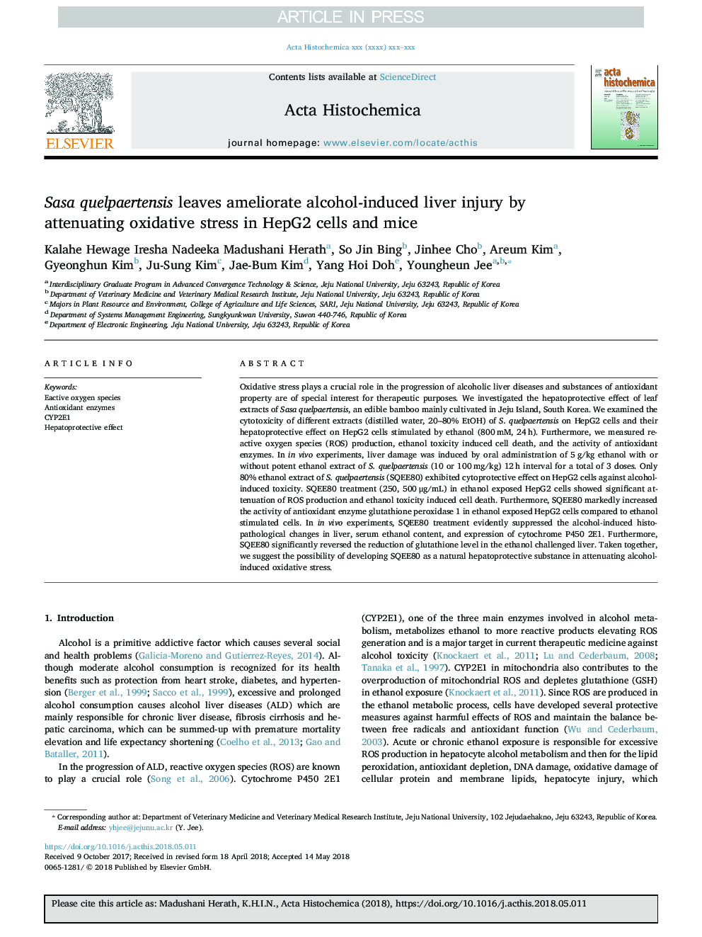 Sasa quelpaertensis leaves ameliorate alcohol-induced liver injury by attenuating oxidative stress in HepG2 cells and mice