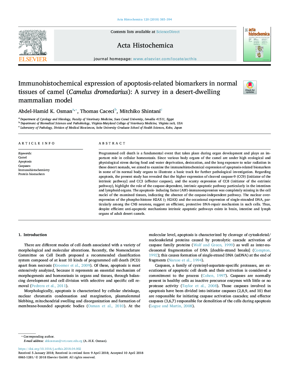 Immunohistochemical expression of apoptosis-related biomarkers in normal tissues of camel (Camelus dromedarius): A survey in a desert-dwelling mammalian model