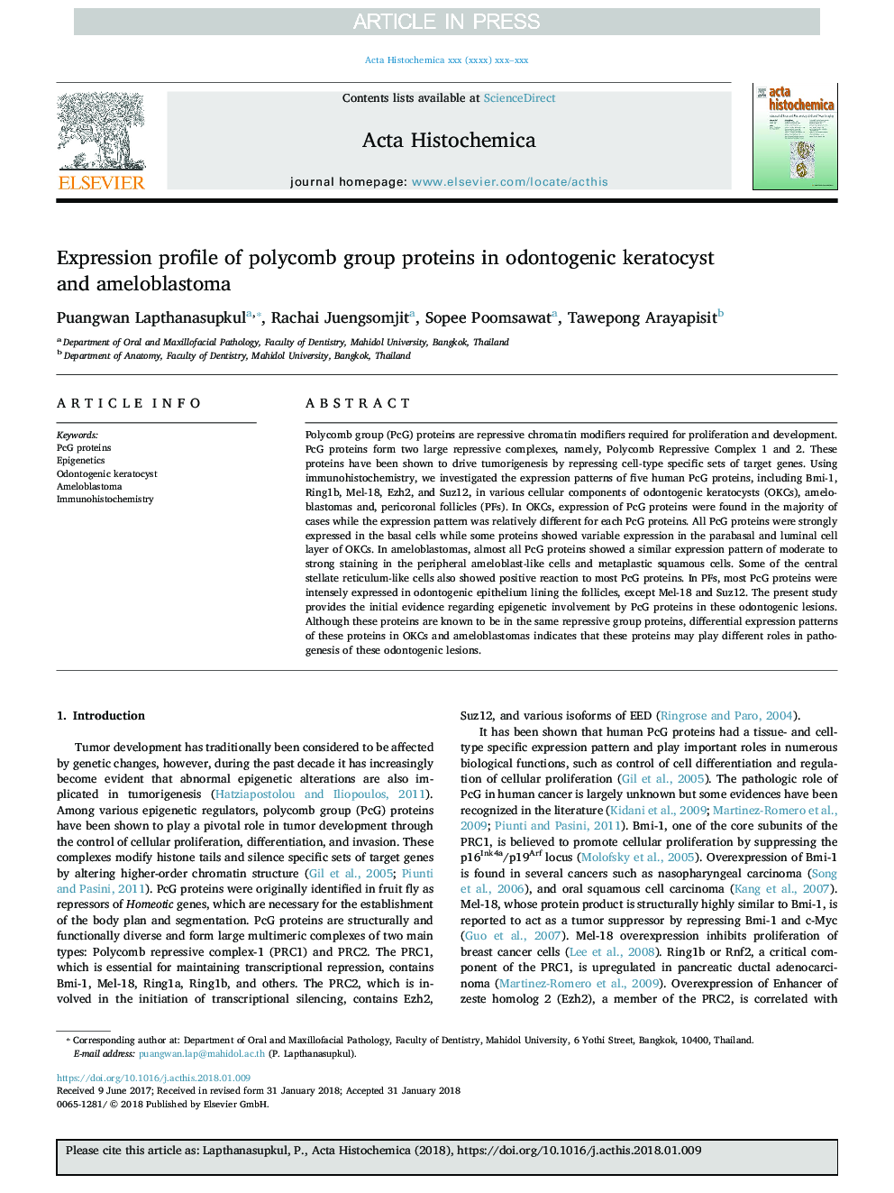 Expression profile of polycomb group proteins in odontogenic keratocyst and ameloblastoma