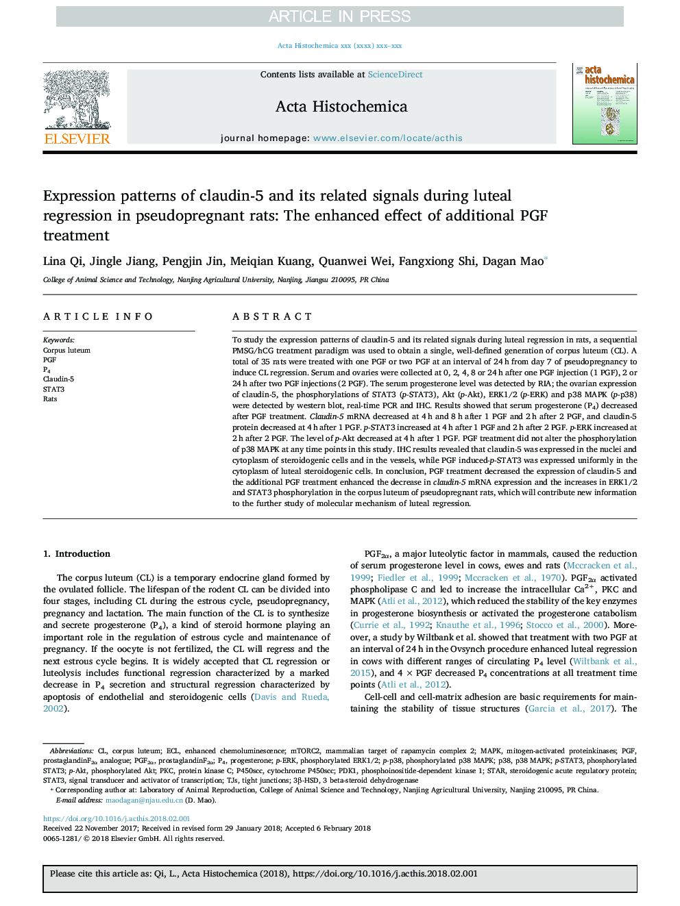 Expression patterns of claudin-5 and its related signals during luteal regression in pseudopregnant rats: The enhanced effect of additional PGF treatment