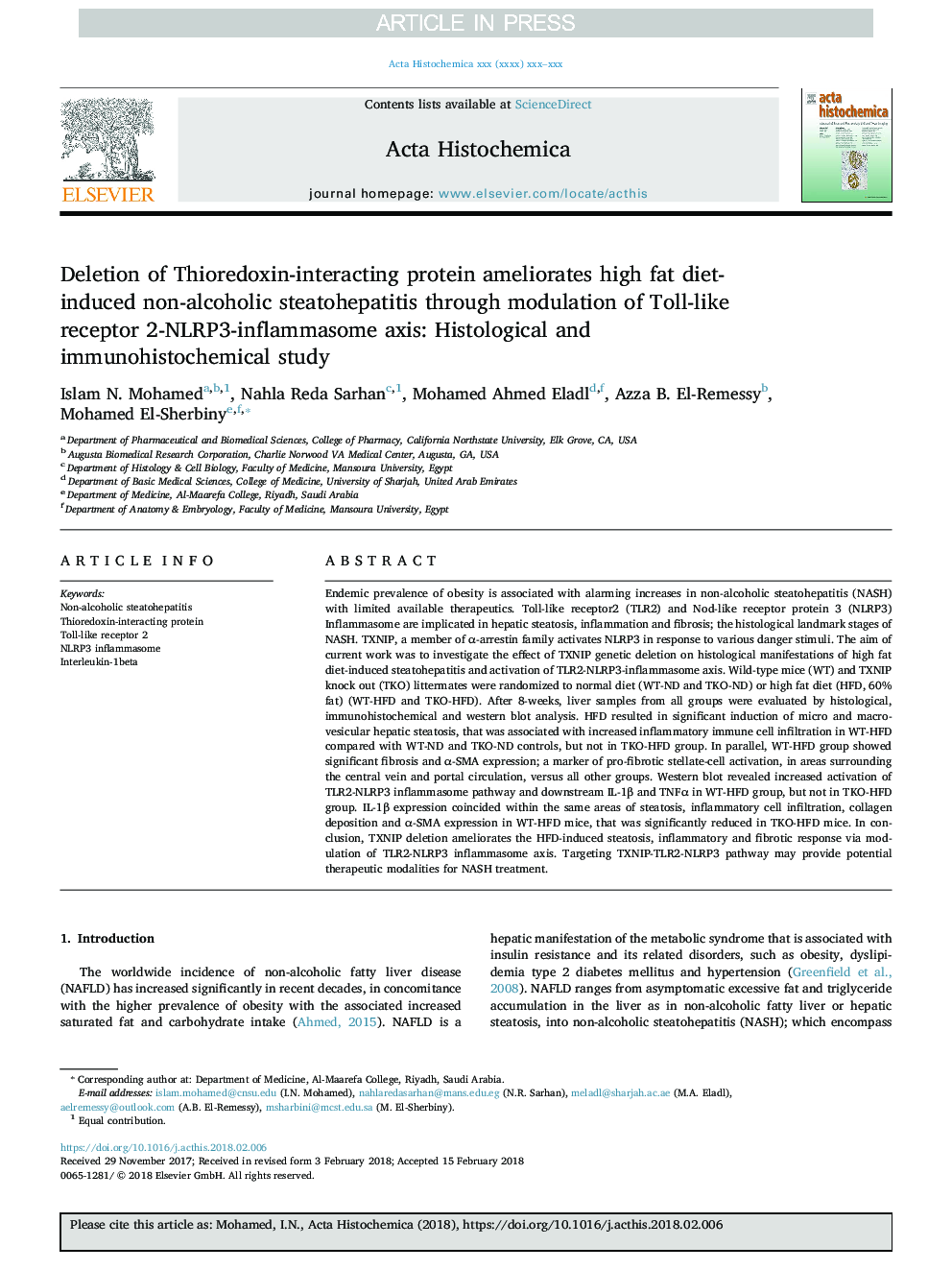 Deletion of Thioredoxin-interacting protein ameliorates high fat diet-induced non-alcoholic steatohepatitis through modulation of Toll-like receptor 2-NLRP3-inflammasome axis: Histological and immunohistochemical study