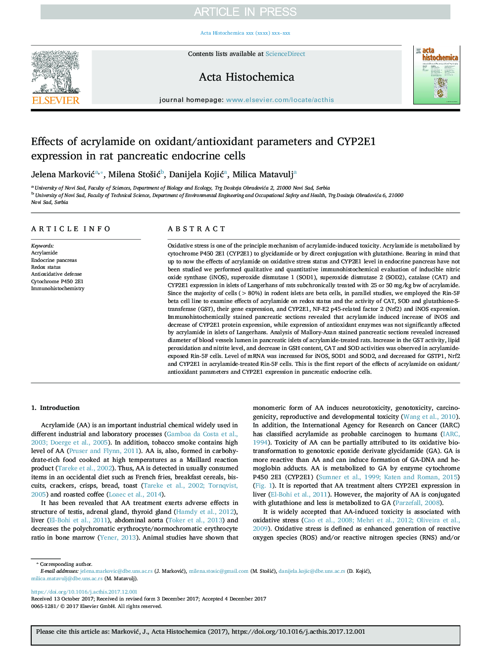 Effects of acrylamide on oxidant/antioxidant parameters and CYP2E1 expression in rat pancreatic endocrine cells