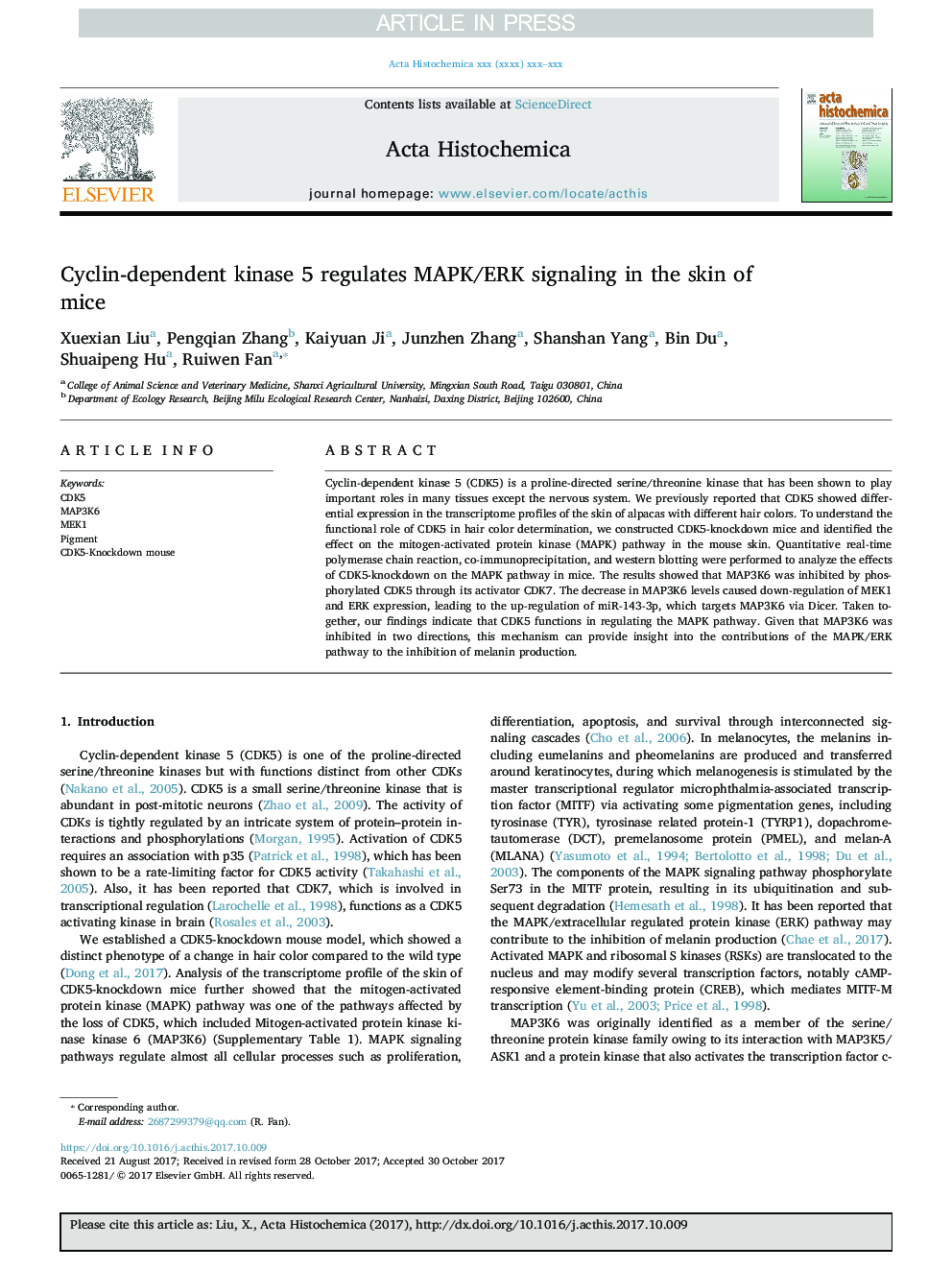 Cyclin-dependent kinase 5 regulates MAPK/ERK signaling in the skin of mice