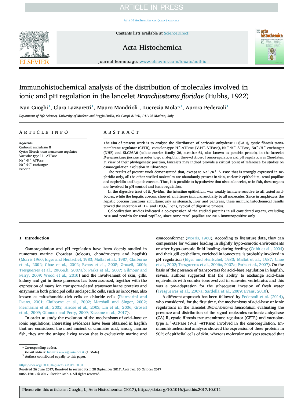 Immunohistochemical analysis of the distribution of molecules involved in ionic and pH regulation in the lancelet Branchiostoma floridae (Hubbs, 1922)