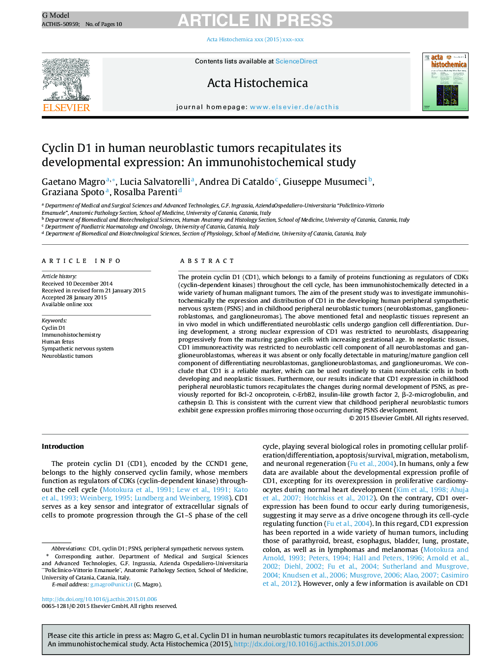 Cyclin D1 in human neuroblastic tumors recapitulates its developmental expression: An immunohistochemical study