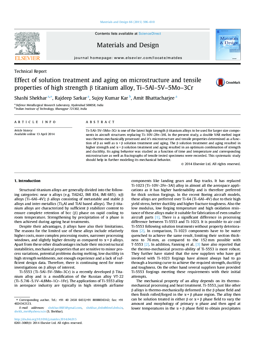 Effect of solution treatment and aging on microstructure and tensile properties of high strength β titanium alloy, Ti–5Al–5V–5Mo–3Cr