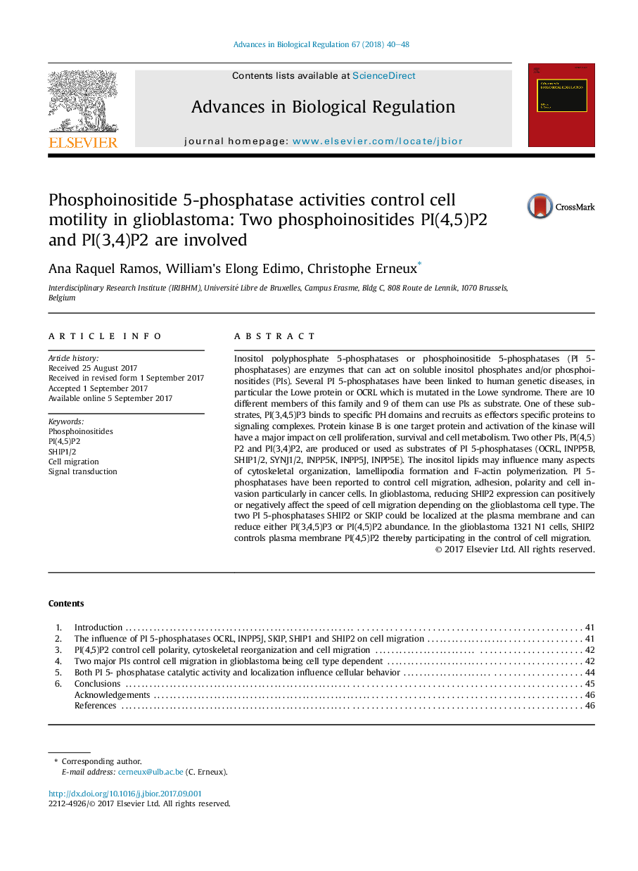 Phosphoinositide 5-phosphatase activities control cell motility in glioblastoma: Two phosphoinositides PI(4,5)P2 and PI(3,4)P2 are involved