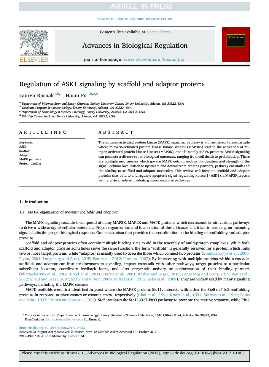 Regulation of ASK1 signaling by scaffold and adaptor proteins