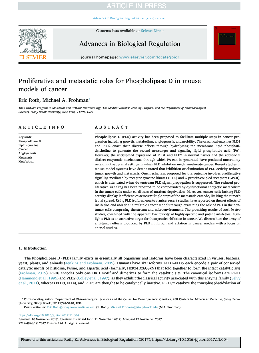 Proliferative and metastatic roles for Phospholipase D in mouse models of cancer