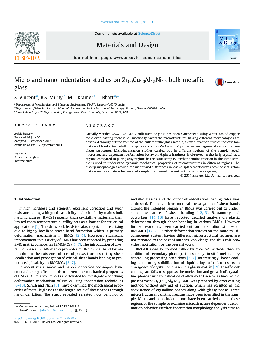 Micro and nano indentation studies on Zr60Cu10Al15Ni15 bulk metallic glass