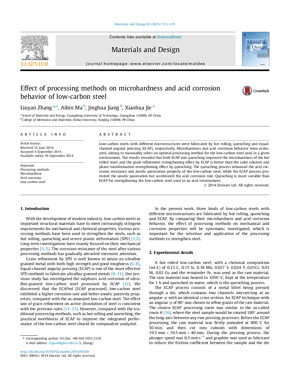 Effect of processing methods on microhardness and acid corrosion behavior of low-carbon steel