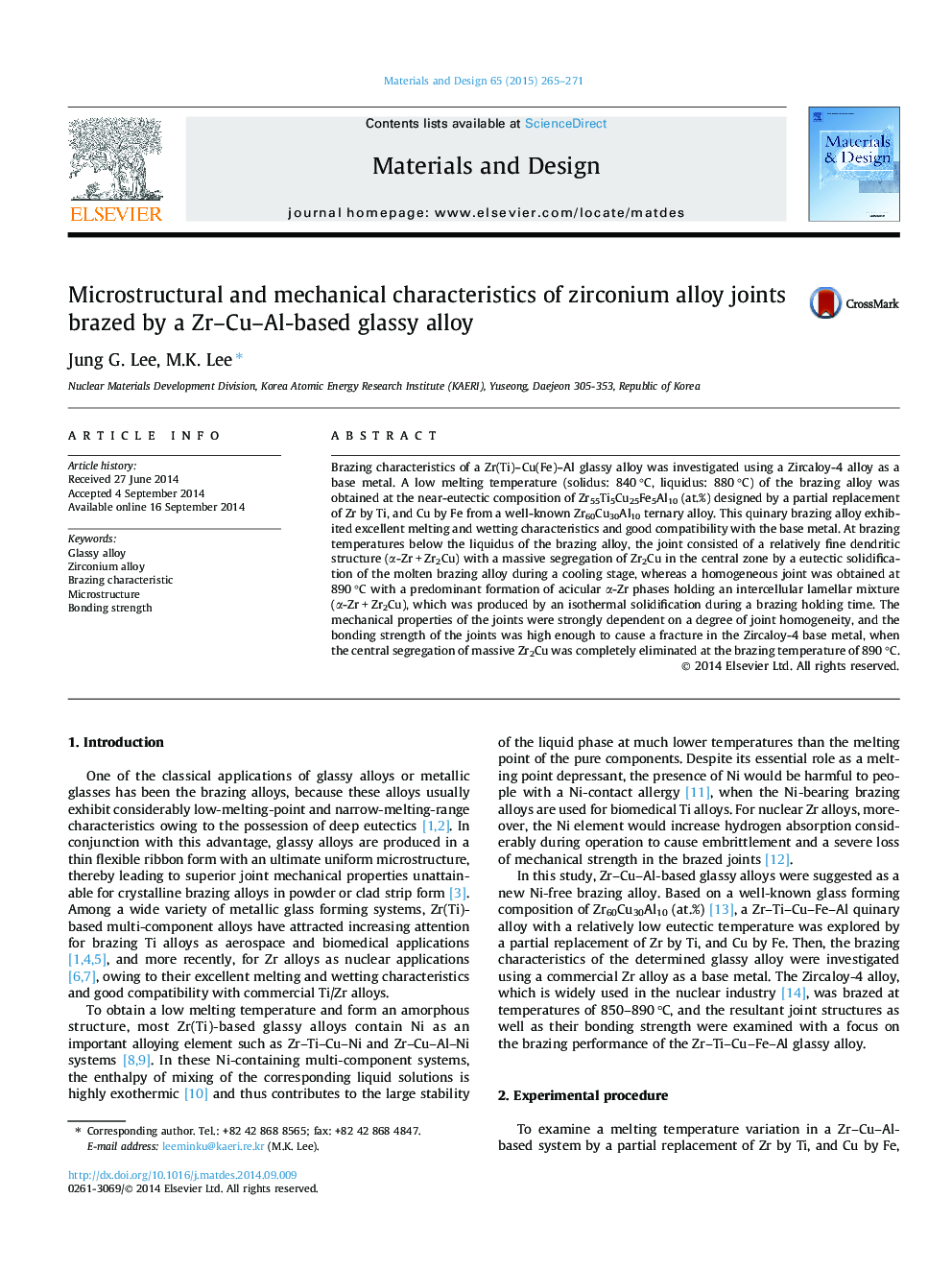 Microstructural and mechanical characteristics of zirconium alloy joints brazed by a Zr–Cu–Al-based glassy alloy