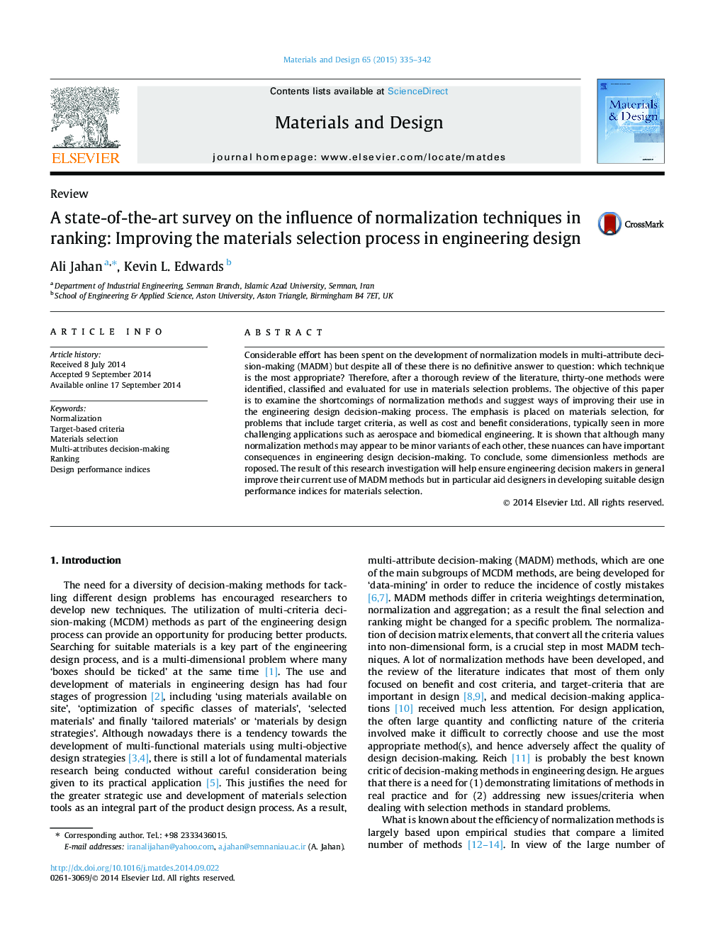 A state-of-the-art survey on the influence of normalization techniques in ranking: Improving the materials selection process in engineering design