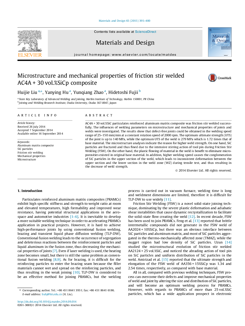 Microstructure and mechanical properties of friction stir welded AC4A + 30 vol.%SiCp composite