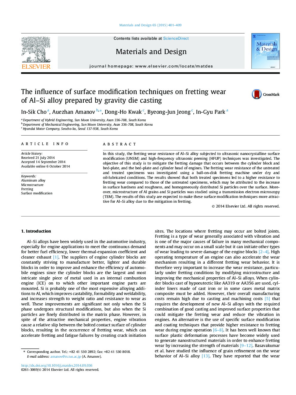 The influence of surface modification techniques on fretting wear of Al–Si alloy prepared by gravity die casting