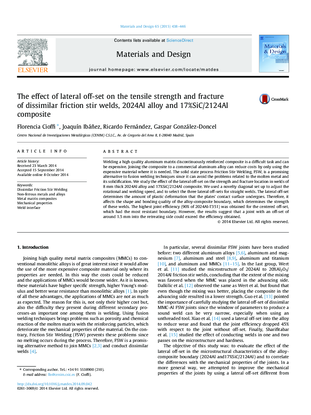 The effect of lateral off-set on the tensile strength and fracture of dissimilar friction stir welds, 2024Al alloy and 17%SiC/2124Al composite