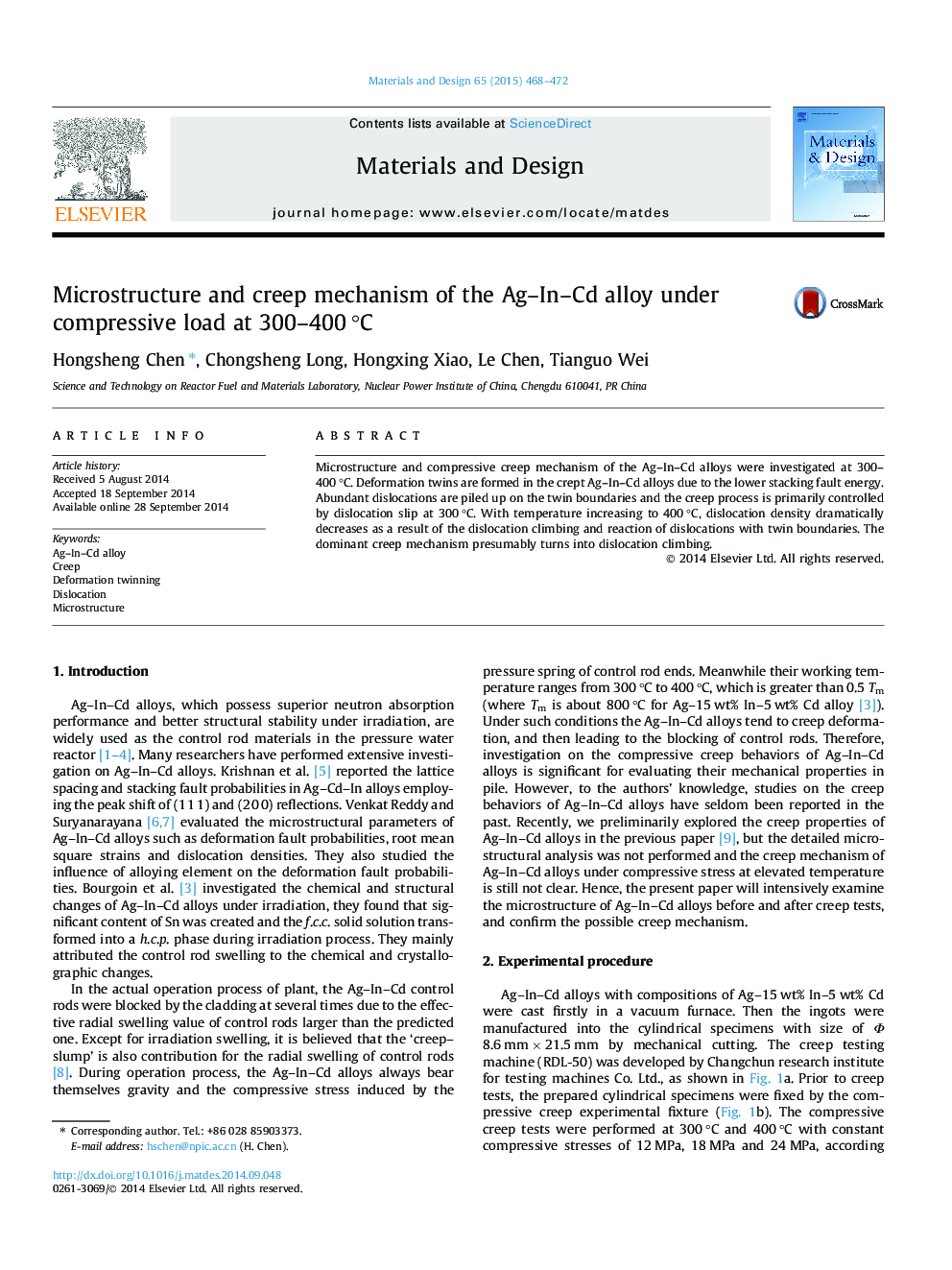 Microstructure and creep mechanism of the Ag–In–Cd alloy under compressive load at 300–400 °C