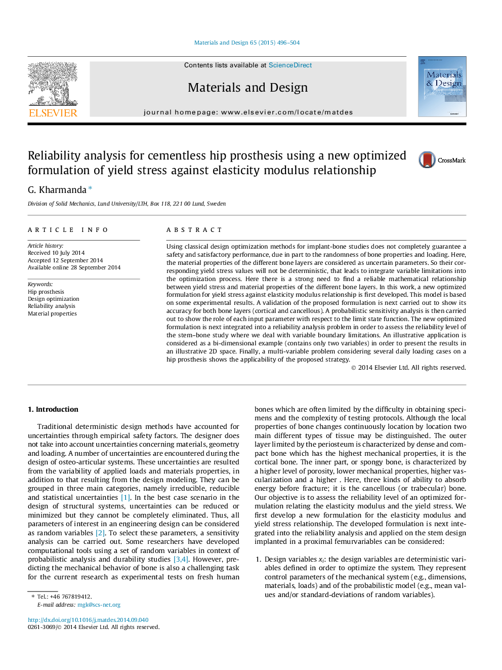 Reliability analysis for cementless hip prosthesis using a new optimized formulation of yield stress against elasticity modulus relationship