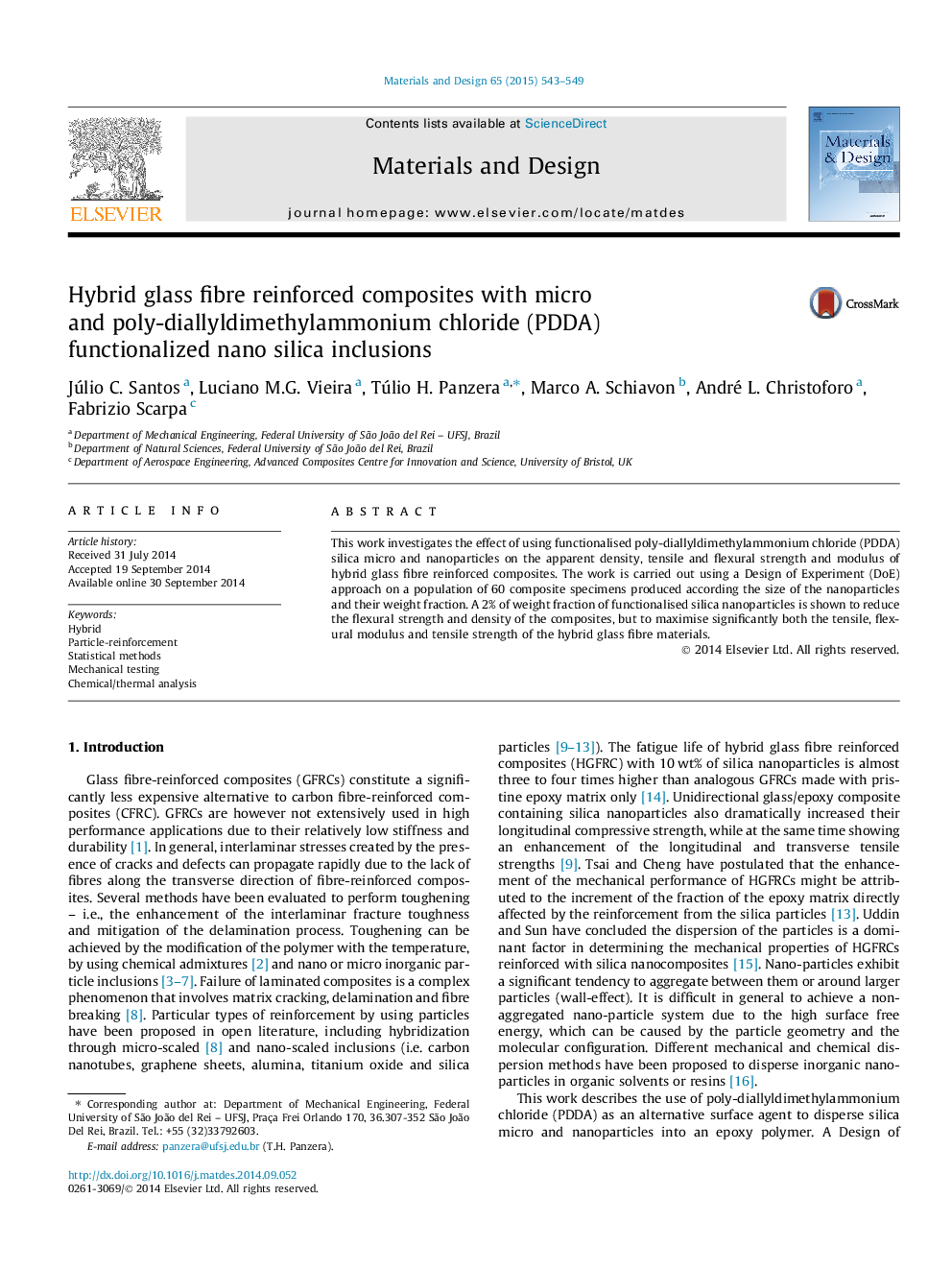 Hybrid glass fibre reinforced composites with micro and poly-diallyldimethylammonium chloride (PDDA) functionalized nano silica inclusions