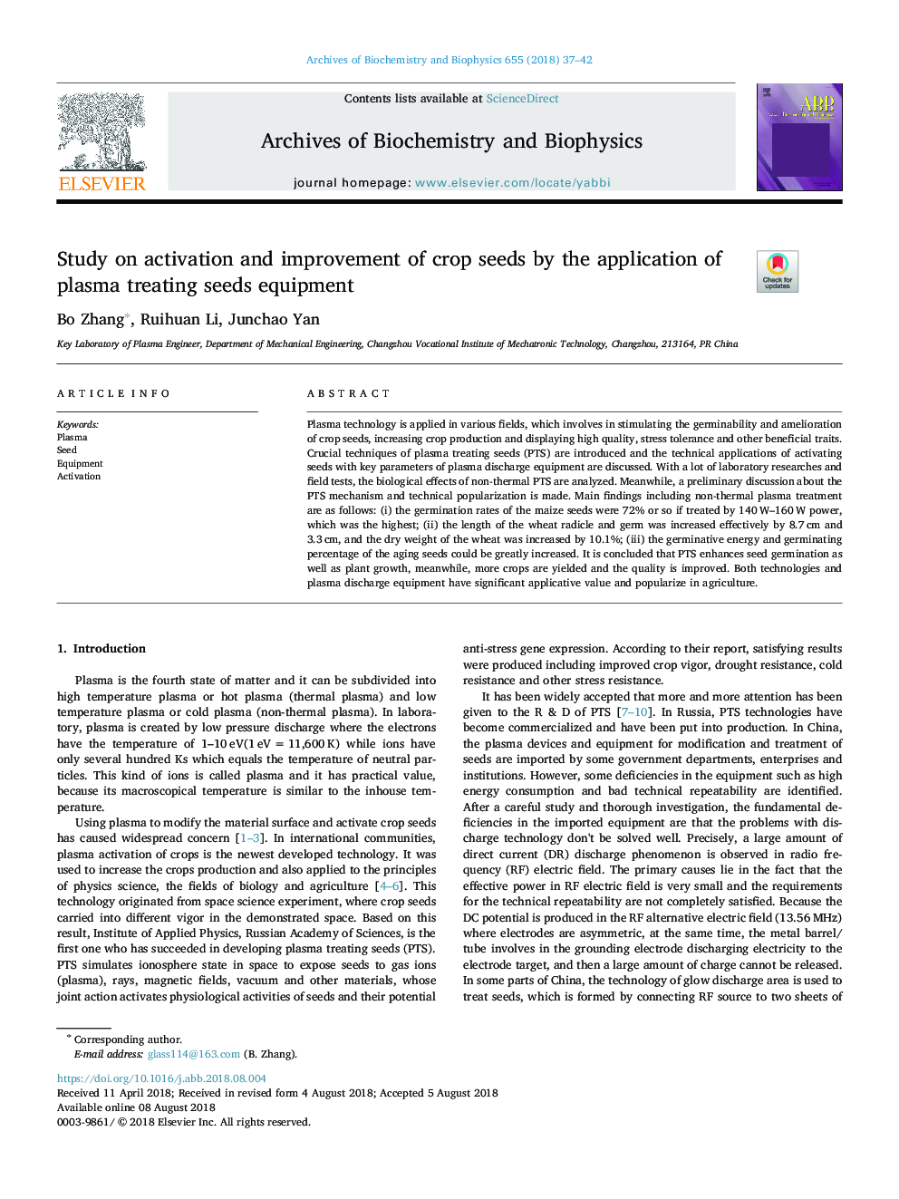 Study on activation and improvement of crop seeds by the application of plasma treating seeds equipment