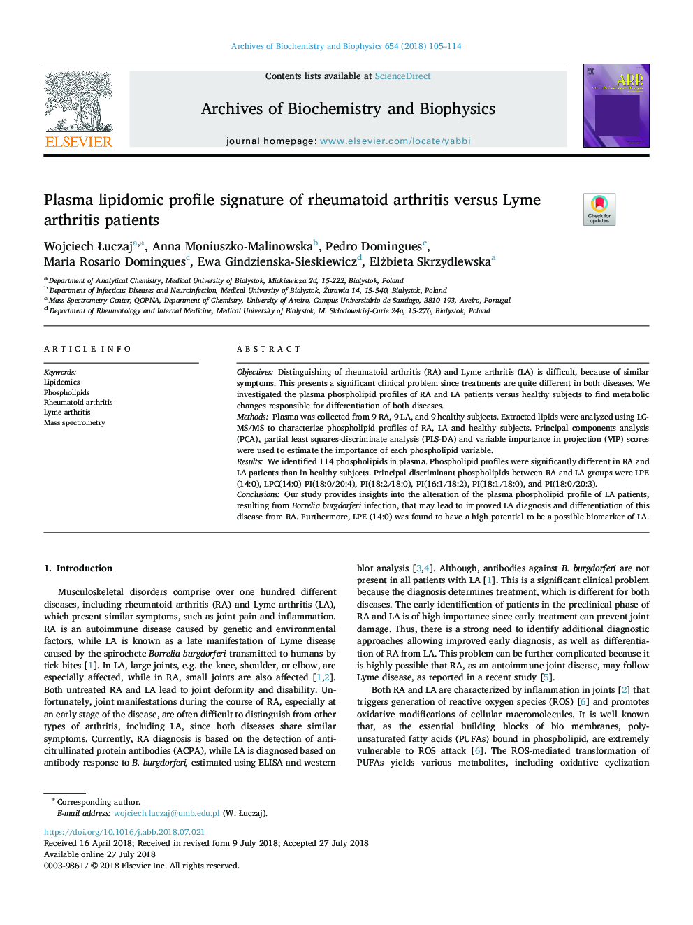 Plasma lipidomic profile signature of rheumatoid arthritis versus Lyme arthritis patients