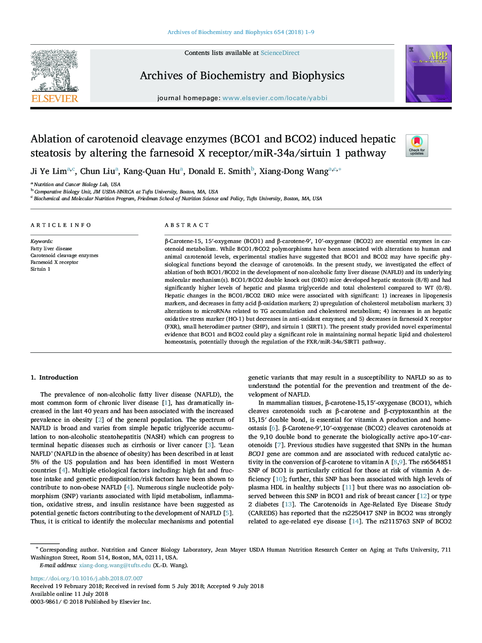 Ablation of carotenoid cleavage enzymes (BCO1 and BCO2) induced hepatic steatosis by altering the farnesoid X receptor/miR-34a/sirtuin 1 pathway