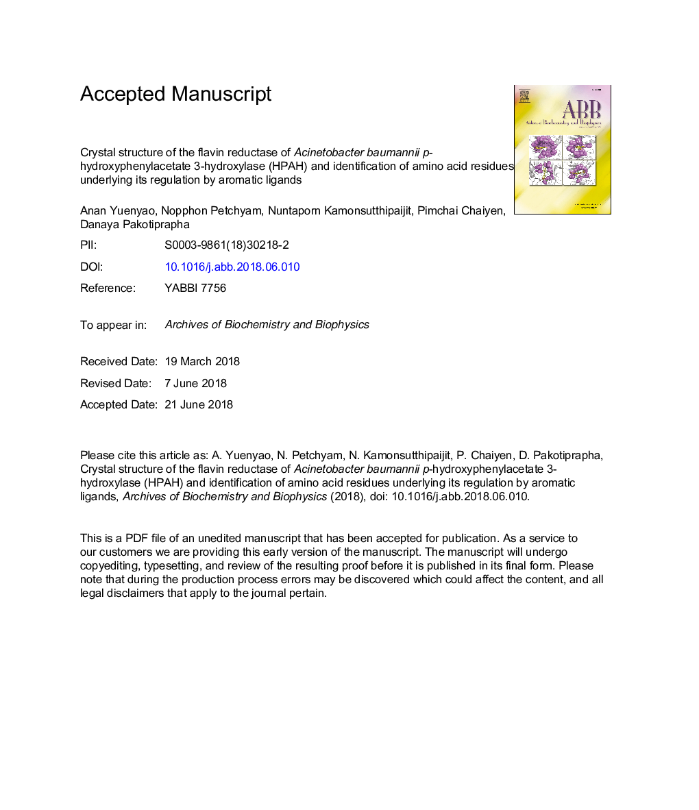 Crystal structure of the flavin reductase of Acinetobacter baumannii p-hydroxyphenylacetate 3-hydroxylase (HPAH) and identification of amino acid residues underlying its regulation by aromatic ligands