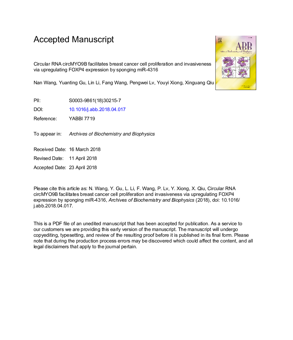 Circular RNA circMYO9B facilitates breast cancer cell proliferation and invasiveness via upregulating FOXP4 expression by sponging miR-4316