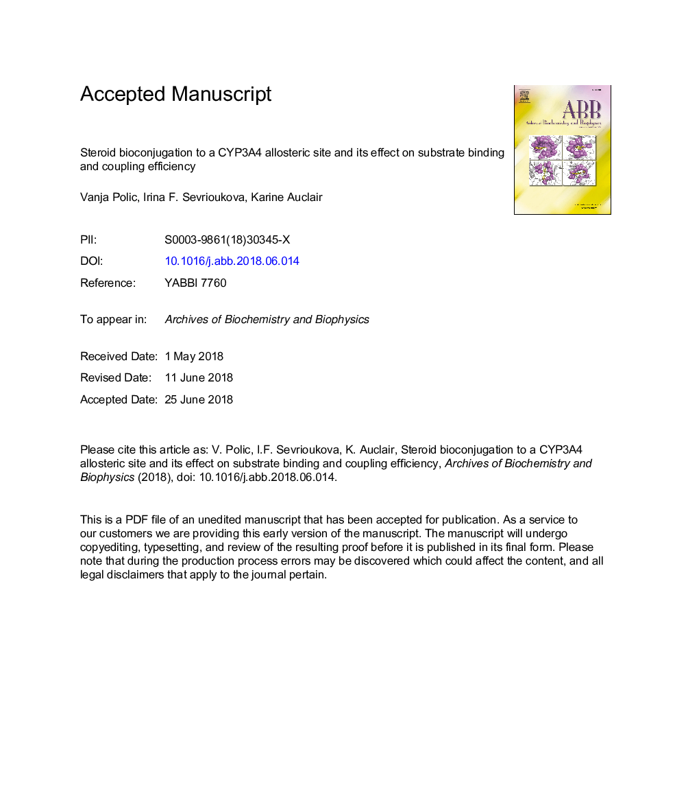 عکس صفحه اول مقاله: Steroid bioconjugation to a CYP3A4 allosteric site and its effect on substrate binding and coupling efficiency Steroid bioconjugation to a CYP3A4 allosteric site and its effect on substrate binding and coupling efficiency