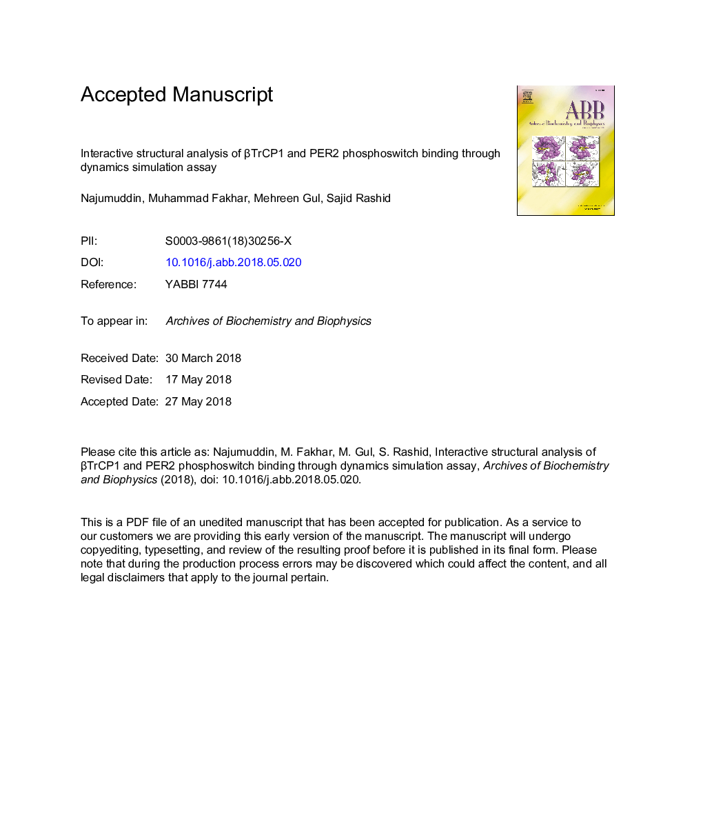 Interactive structural analysis of Î²TrCP1 and PER2 phosphoswitch binding through dynamics simulation assay