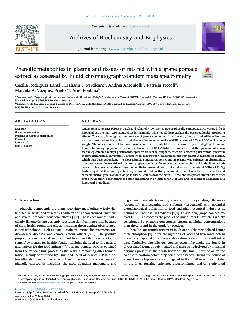 Phenolic metabolites in plasma and tissues of rats fed with a grape pomace extract as assessed by liquid chromatography-tandem mass spectrometry