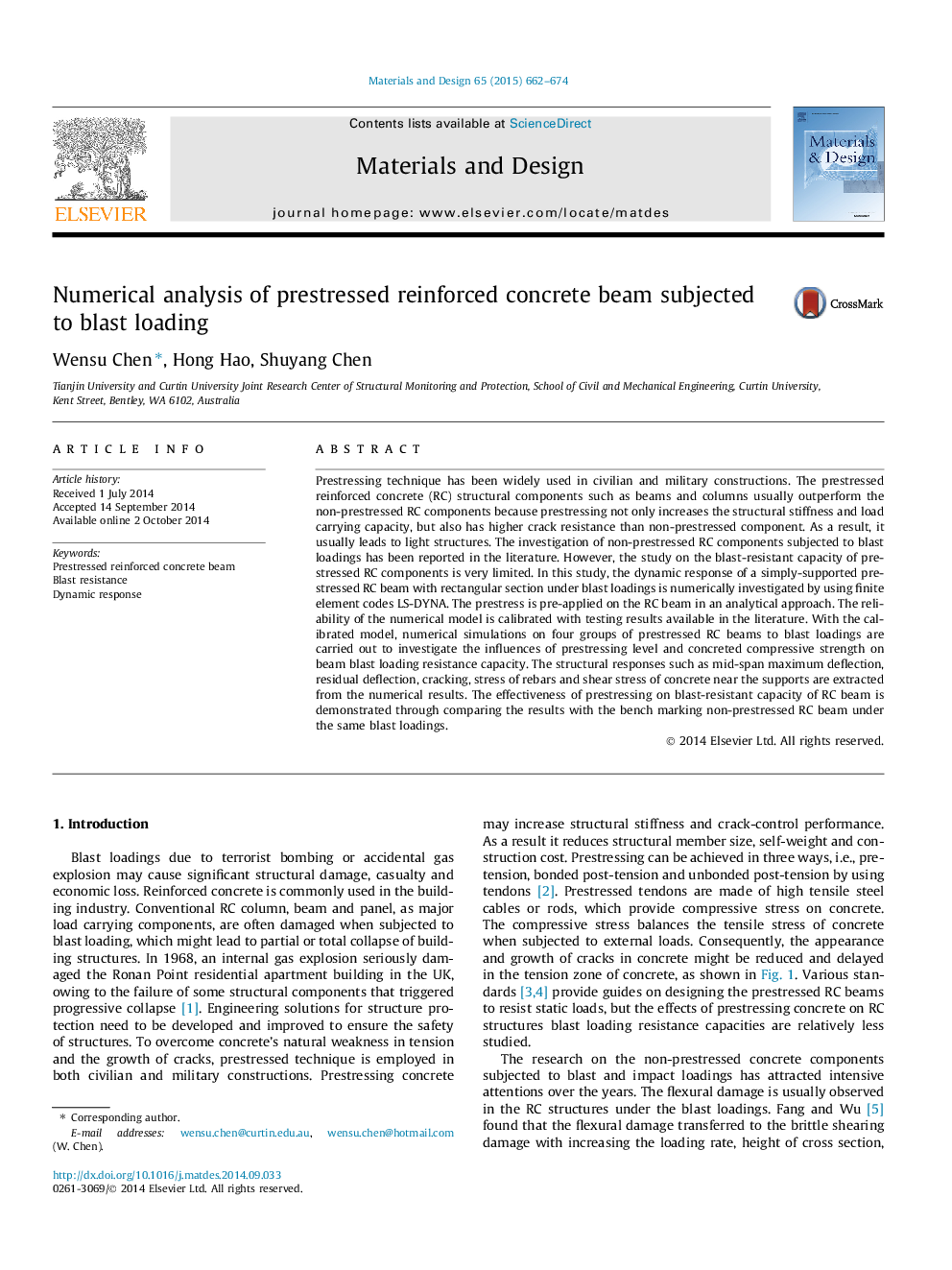 Numerical analysis of prestressed reinforced concrete beam subjected to blast loading