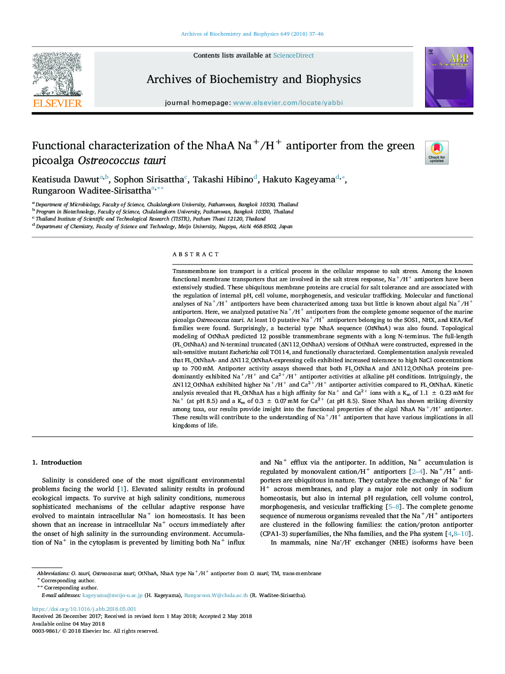 Functional characterization of the NhaA Na+/H+ antiporter from the green picoalga Ostreococcus tauri