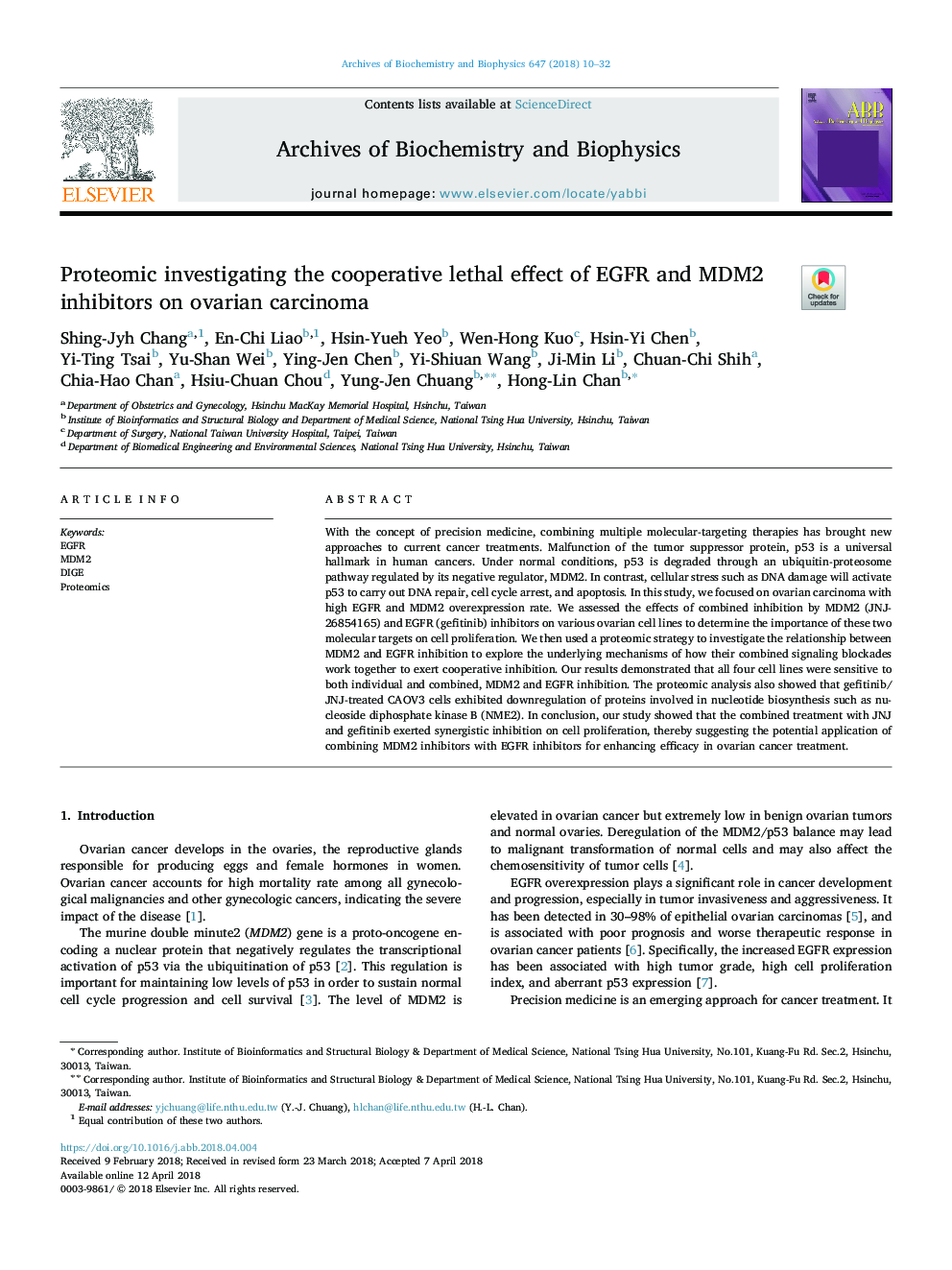 Proteomic investigating the cooperative lethal effect of EGFR and MDM2 inhibitors on ovarian carcinoma