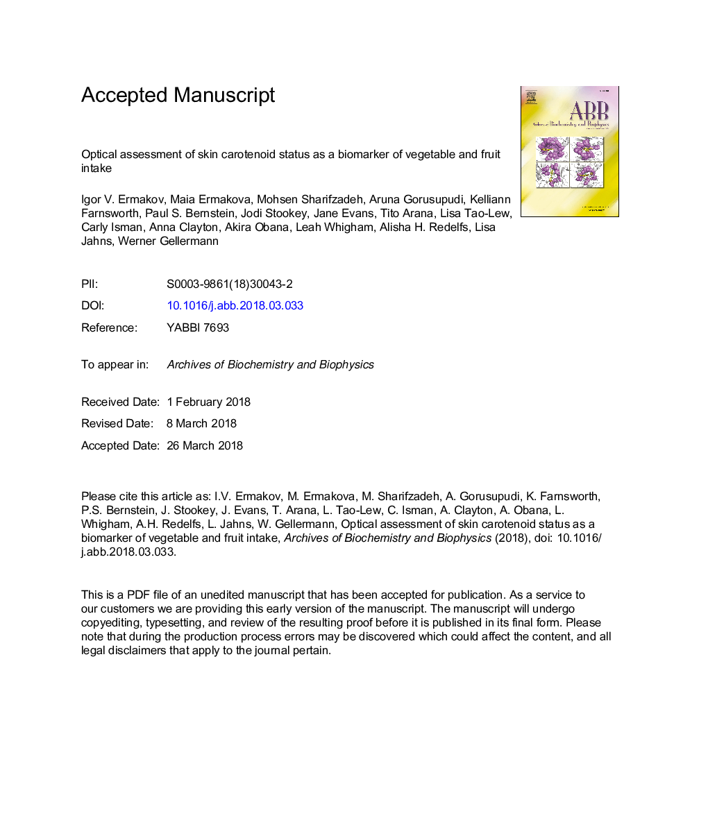 Optical assessment of skin carotenoid status as a biomarker of vegetable and fruit intake