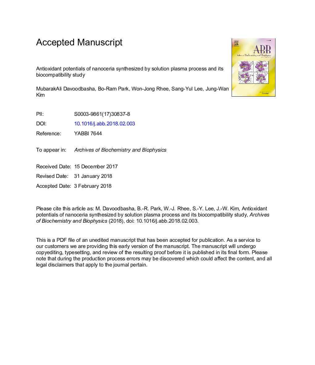 Antioxidant potentials of nanoceria synthesized by solution plasma process and its biocompatibility study