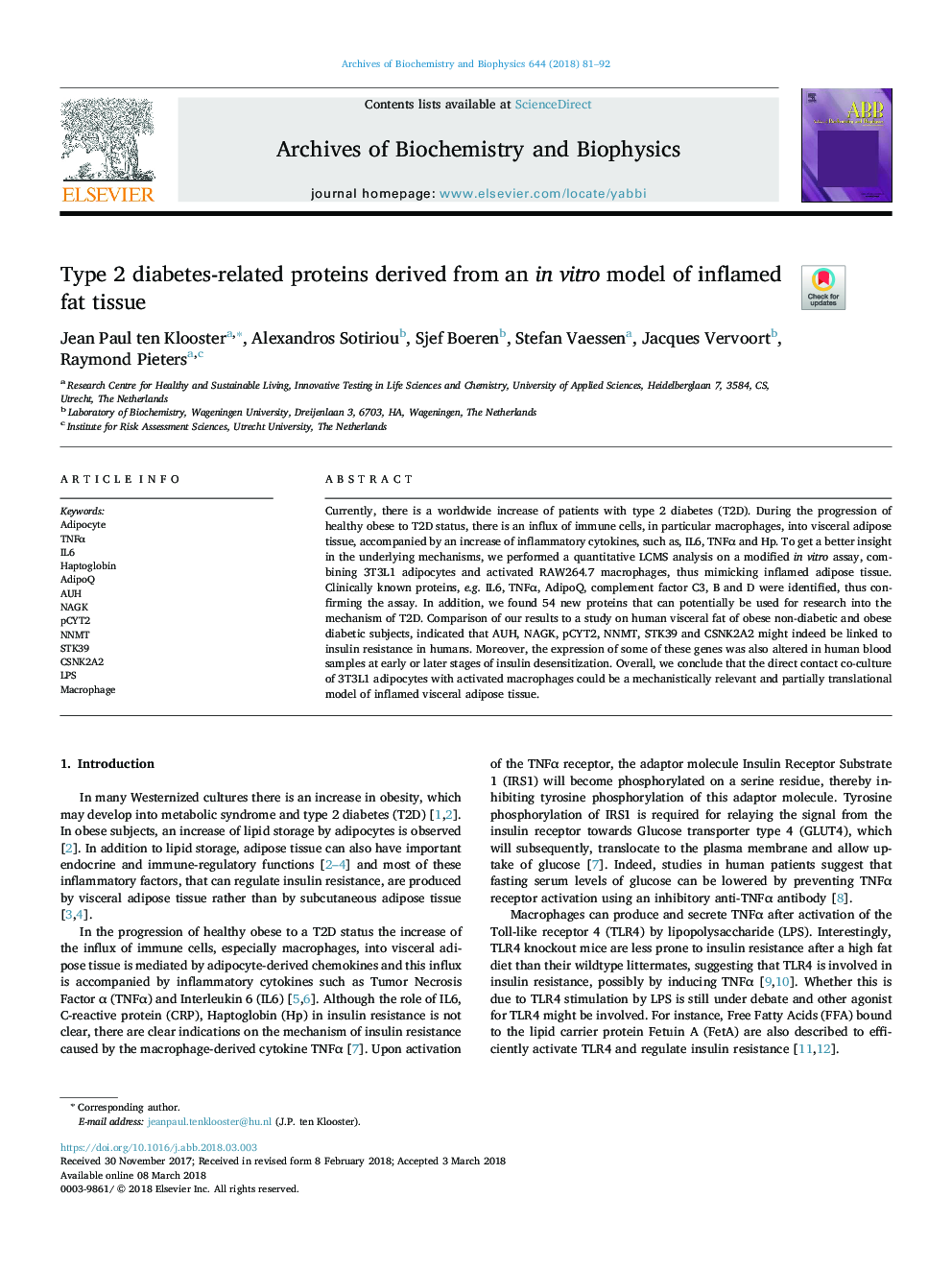 Type 2 diabetes-related proteins derived from an in vitro model of inflamed fat tissue