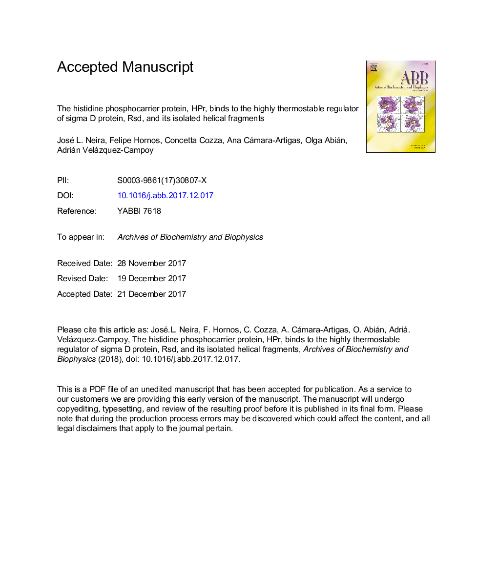 The histidine phosphocarrier protein, HPr, binds to the highly thermostable regulator of sigma D protein, Rsd, and its isolated helical fragments