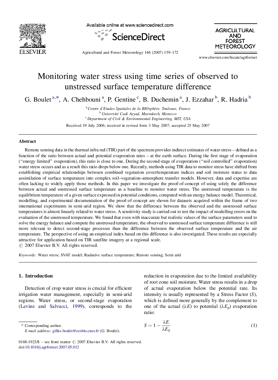 Monitoring water stress using time series of observed to unstressed surface temperature difference