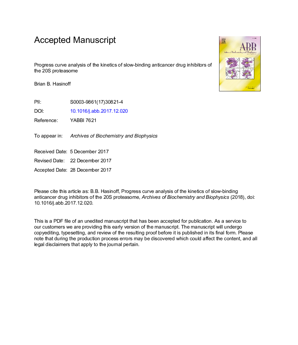 Progress curve analysis of the kinetics of slow-binding anticancer drug inhibitors of the 20S proteasome