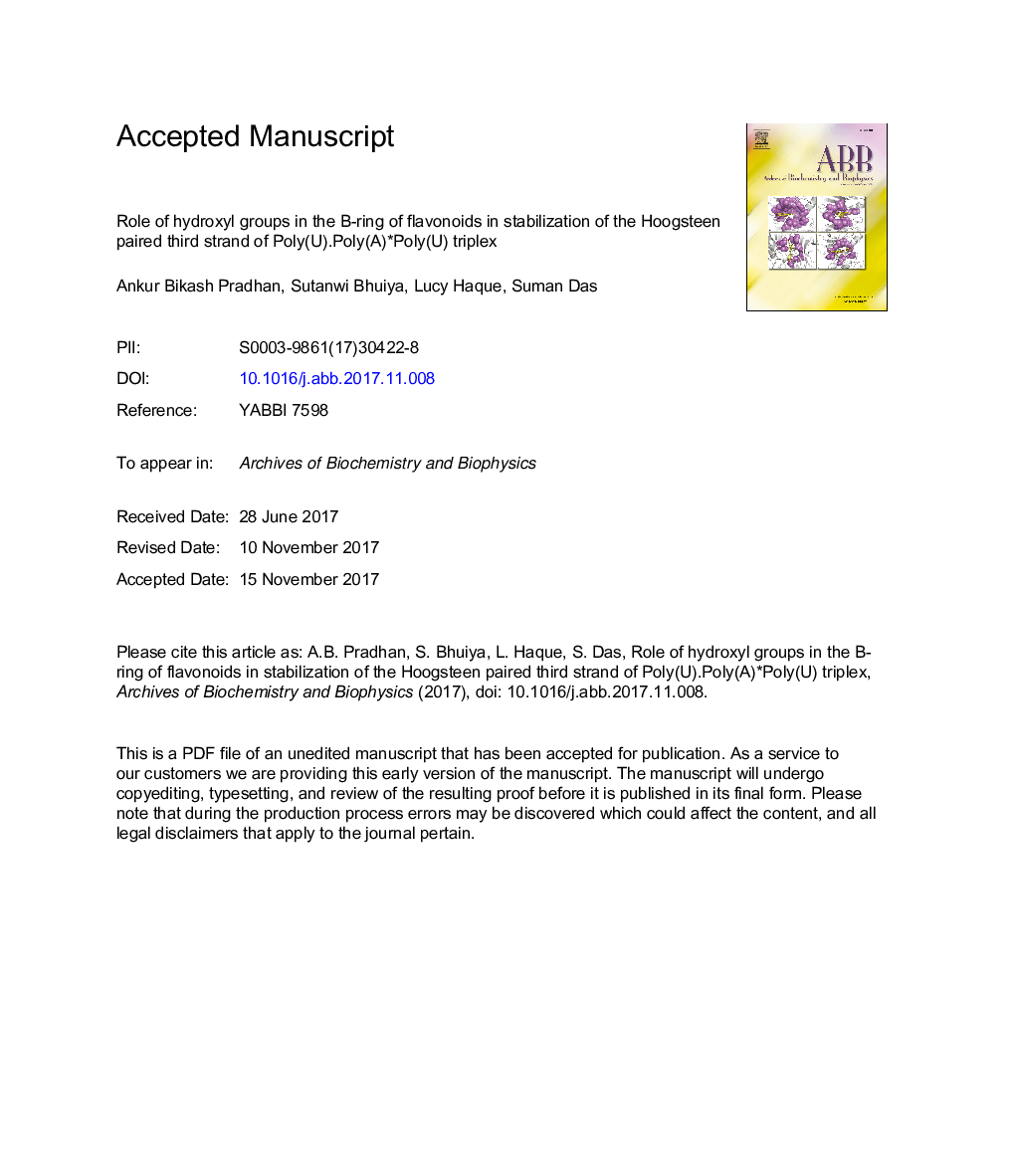 Role of hydroxyl groups in the B-ring of flavonoids in stabilization of the Hoogsteen paired third strand of Poly(U).Poly(A)*Poly(U) triplex