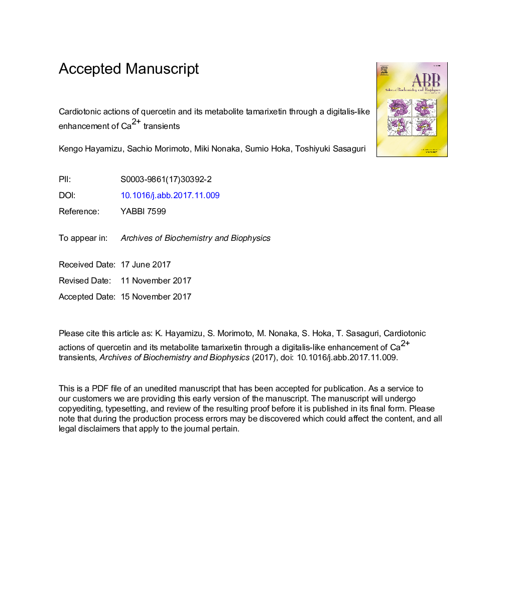 Cardiotonic actions of quercetin and its metabolite tamarixetin through a digitalis-like enhancement of Ca2+ transients