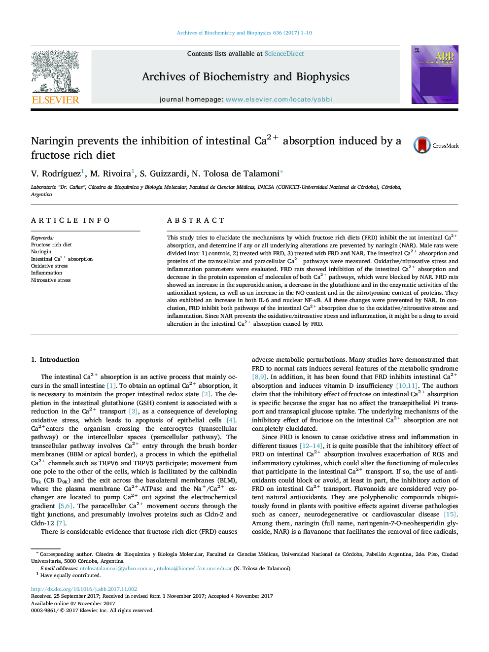 Naringin prevents the inhibition of intestinal Ca2+ absorption induced by a fructose rich diet