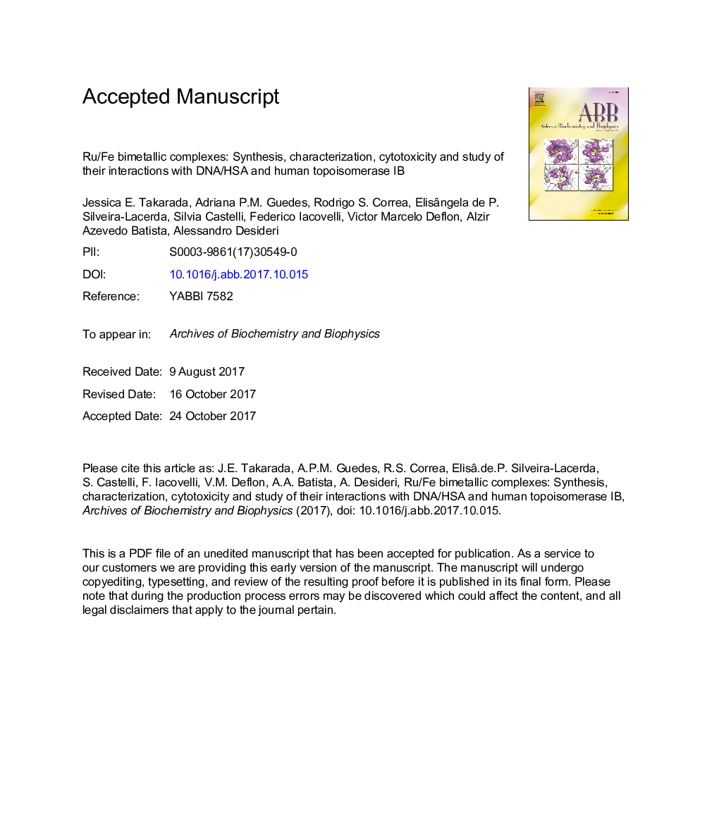 Ru/Fe bimetallic complexes: Synthesis, characterization, cytotoxicity and study of their interactions with DNA/HSA and human topoisomerase IB