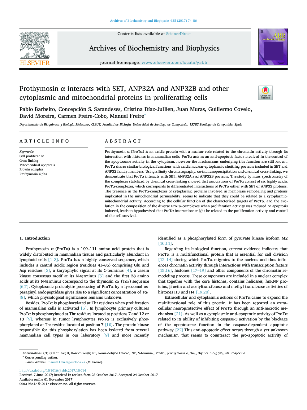 Prothymosin Î± interacts with SET, ANP32A and ANP32B and other cytoplasmic and mitochondrial proteins in proliferating cells