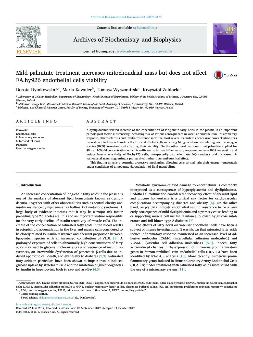 Mild palmitate treatment increases mitochondrial mass but does not affect EA.hy926 endothelial cells viability