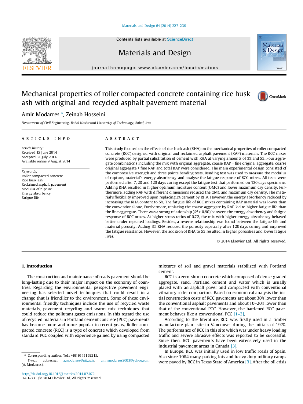 Mechanical properties of roller compacted concrete containing rice husk ash with original and recycled asphalt pavement material