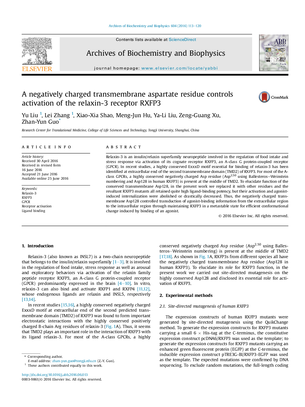 A negatively charged transmembrane aspartate residue controls activation of the relaxin-3 receptor RXFP3