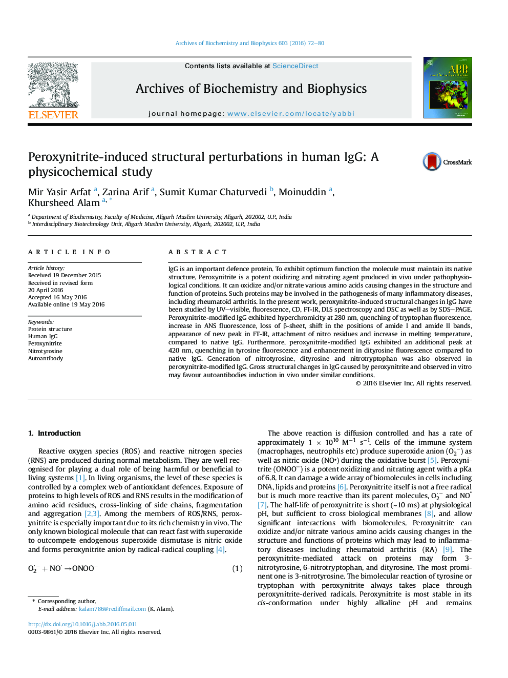 Peroxynitrite-induced structural perturbations in human IgG: A physicochemical study