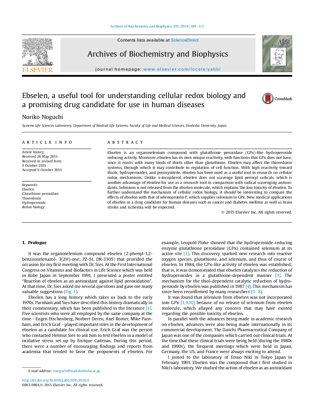 Ebselen, a useful tool for understanding cellular redox biology and aÂ promising drug candidate for use in human diseases